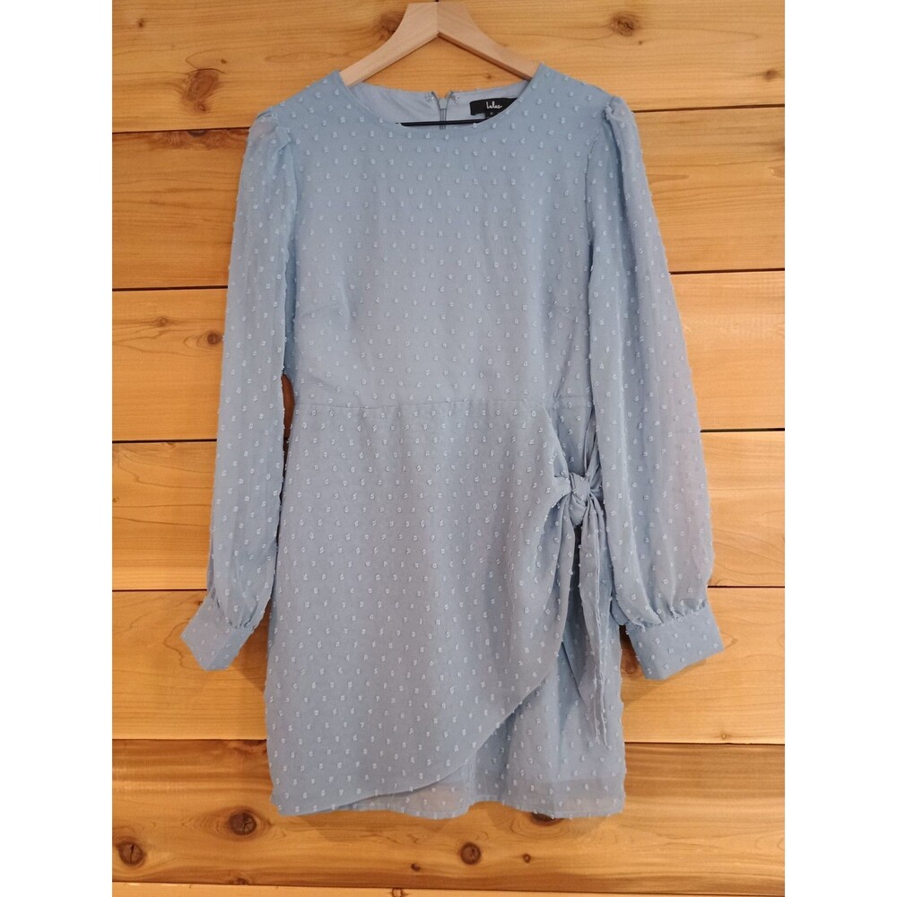 Lulus Light Blue Much Love Swiss Dot Long Sleeve Tie Front Mini Dress Size M